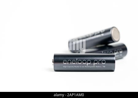Makati city of Manila, Philippines - Jan 21, 2020: Panasonic eneloop pro battery on white background Stock Photo