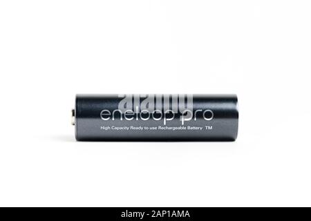 Makati city of Manila, Philippines - Jan 21, 2020: Panasonic eneloop pro battery on white background Stock Photo
