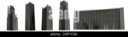 set of ruined skyscrapers, tall post apocalyptic buildings isolated on white background Stock Photo