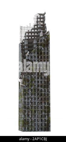 ruined skyscraper, tall and overgrown post apocalyptic building isolated on white background Stock Photo