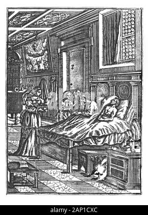 Antique vintage historical engraving or drawing of two sick man lying in bed in care of three women. Treatment, Healthcare in the Past.Illustration from Book Die Betrubte Und noch Ihrem Beliebten..., Austrian Empire,1716. Artist is unknown. Stock Photo