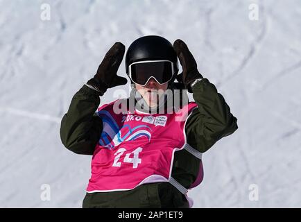 Leysin, Switzerland. 20th Jan, 2020. Valtteri Kautonen of Finland reacts during the Men's Slopestyle final of Snowboard at the 3rd Winter Youth Olympic Games in Leysin, Switzerland, Jan. 20, 2020. Credit: Lu Yang/Xinhua/Alamy Live News Stock Photo