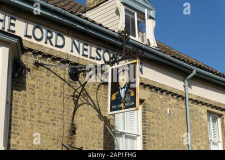 Pub sign for The Lord Nelson, a popular pub in the seaside resort of Southwold, Suffolk, UK Stock Photo