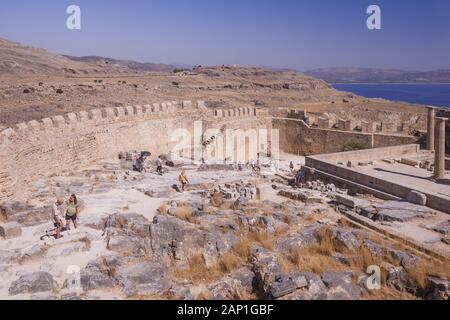 The fortress wall protecting the Acropolis of Lindos, Rhodes, Greece Stock Photo