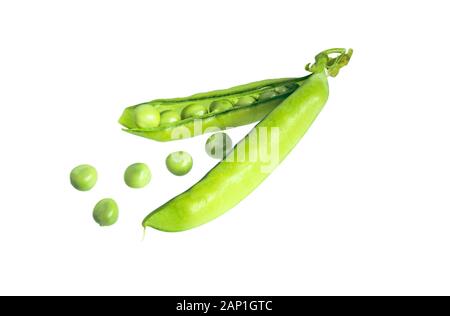 Green peas in pods with sprouts isolated on white background. Fresh pea pod. Stock Photo