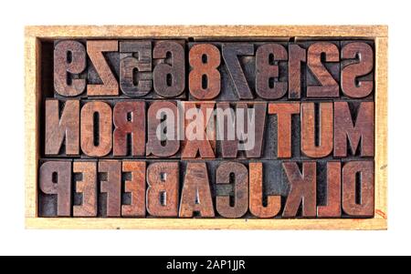 Letters in a type case, block letters made of wood Stock Photo