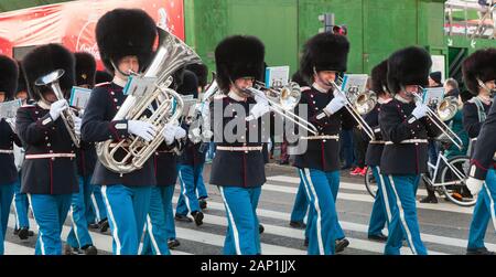 Copenhagen, Denmark - December 9, 2017: Trumpeters of the procession of the royal guardsmen to the royal palace Amalienborg, accompanied by the orches Stock Photo
