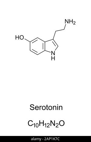 Serotonin molecule, skeletal formula. Structure of C10H12N2O. Monoamine neurotransmitter. Stock Photo