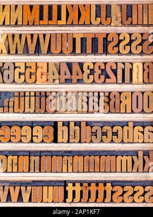 Letters in a type case, block letters made of wood Stock Photo