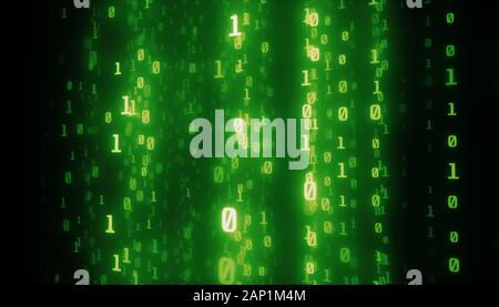 Digital lines of binary code, glowing neon style, binary data ...
