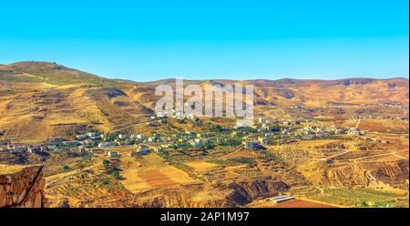 Banner panorama from biblical Mount Nebo, Jordan. Aerial view from top of the Mount Nebo the place where Moses was granted a view of Promised Land to Stock Photo