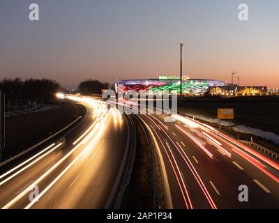 Augsburg, Germany- February 16 2019: View on WWK Arena the soccer stadion of FC Augsburg from highway bridge Stock Photo