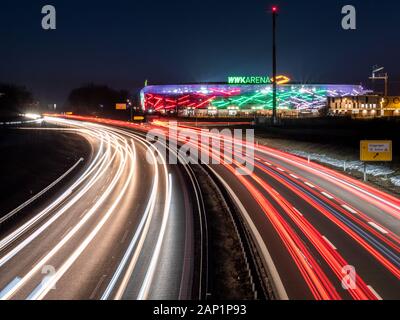 Augsburg, Germany- February 16 2019: View on WWK Arena the soccer stadion of FC Augsburg from highway bridge Stock Photo