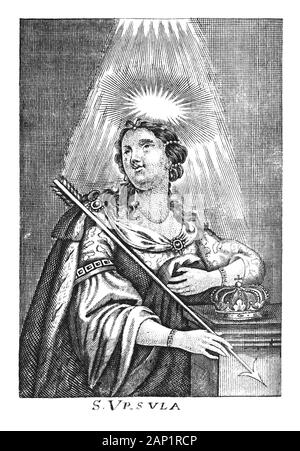 Antique vintage religious allegorical engraving or drawing of Christian holy woman saint Ursula.Illustration from Book Die Betrubte Und noch Ihrem Bel Stock Photo