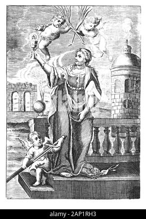 Antique vintage religious allegorical engraving or drawing of Christian holy woman saint Barbara with cherubs or angels.Illustration from Book Die Betrubte Und noch Ihrem Beliebten..., Austrian Empire,1716. Artist is unknown. Stock Photo