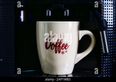 Coffe Mug in Automatic Espresso Machine Stock Photo