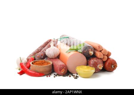 Delicious sausages and spices isolated on white background Stock Photo