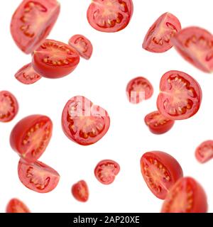 Flying red tomato slices isolated on white background Stock Photo