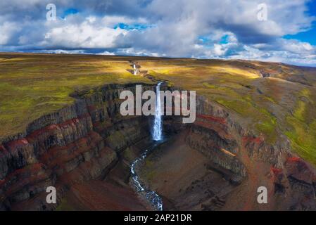 Aerial view of the Hengifoss waterfall in East Iceland