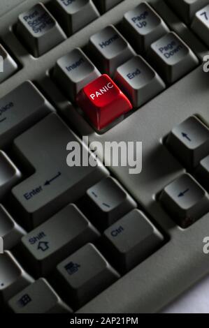 A red panic button displayed on a computer keyboard Stock Photo