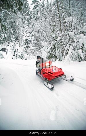 A lone snowmobiler explores the back country in Washington state's cascade Mountains Stock Photo