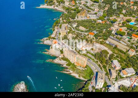 Rocky bay in Italy. Aerial drone view on Adriatic sea beach, Camogli, liguria. Stock Photo