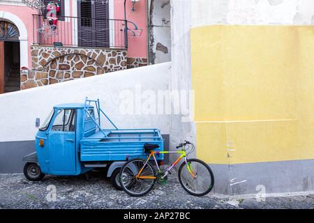 Procida (Italy) - Colored walls and bike in Procida, a little island in Campania, southern Italy Stock Photo