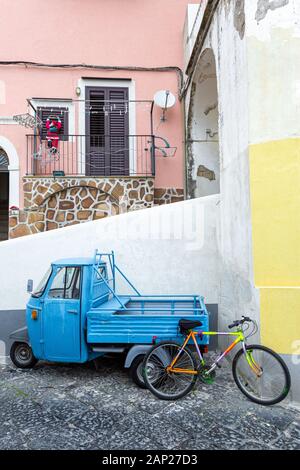Procida (Italy) - Colored walls and bike in Procida, a little island in Campania, southern Italy Stock Photo