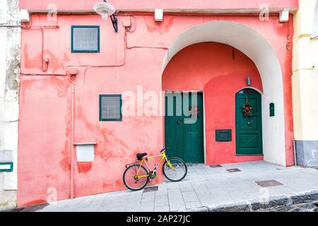 Procida (Italy) - Colored walls and bike in Procida, a little island in Campania, southern Italy Stock Photo