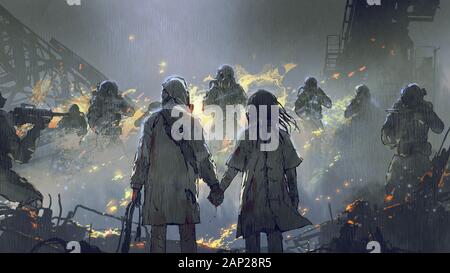 lovers holding hands looking at soldiers in the rainy night, digital art style, illustration painting Stock Photo