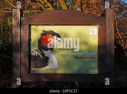 A welcome sign to NWT Ranworth Broad Nature Reserve at the entrance to the boardwalk at Ranworth, Norfolk, England, United Kingdom, Europe. Stock Photo