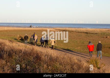 Gibraltar Point National Nature Reserve Lincolnshire UK- People walking on the Lincolnshire Coast by the North Sea and offshore windfarm, Lincolnshire Stock Photo