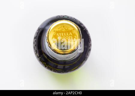 Top view of a Stella Artois beer bottle on a white background Stock Photo