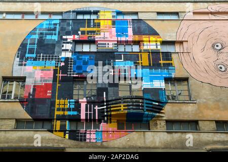 Close-up of the mural 'City Circle' (2016) by the street artist Zedz, representing a schematic map of San Salvario district, Turin, Piedmont, Italy Stock Photo