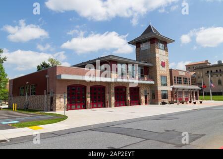 Hershey, PA / USA - May 21, 2018: The Hershey Volunteer Fire Department station is located in the downtown area. Stock Photo