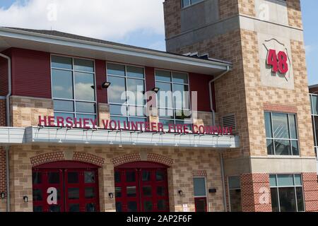 Hershey, PA / USA - May 21, 2018: The Hershey Volunteer Fire Company sign above the doors of the station. Stock Photo