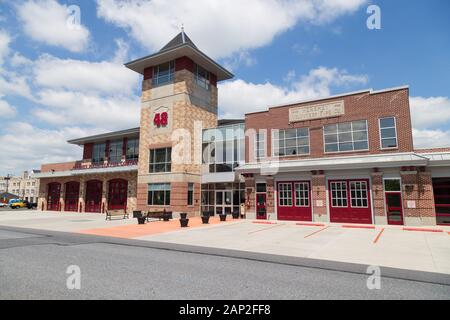 Hershey, PA / USA - May 21, 2018: The Hershey Volunteer Fire Department station is located in the downtown area. Stock Photo