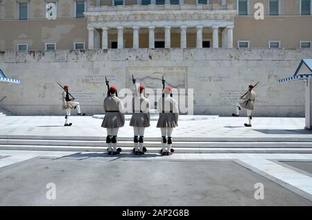 123/5000 euzoni selected Greek infantry soldiers during the changing of the guard in front of the presidential palace in Syntagma square Athens Greece Stock Photo