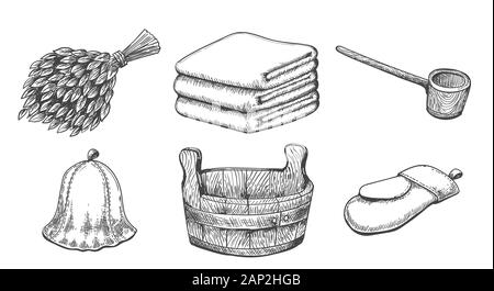 Birch whisks for the sauna, for Russian bath for body hygiene. Set of  accessories for bath, sauna. Hand drawing in sketch style. Isolated object  on white background. Stock Vector by ©DVostok 200297002