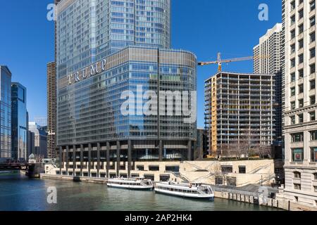 Chicago, USA - April 7, 2018:  Chicago River looking west from Michigan Avenue showing several famous buildings including Trump International Hotel an Stock Photo