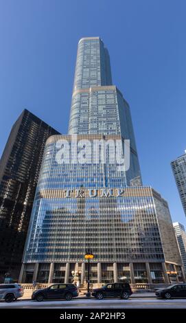 Chicago, USA - December 30, 2018:  Trump International Hotel and Tower in Chicago.  Named for US real estate developer turned president Donald Trump,