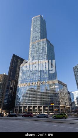 Chicago, USA - December 30, 2018:  Trump International Hotel and Tower in Chicago.  Named for US real estate developer turned president Donald Trump,