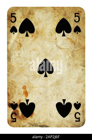 Five of Spades Vintage playing card - isolated on white (clipping path included) Stock Photo