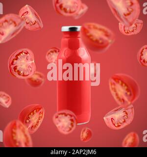 Red vegetable tomato juice with flying ingredients Stock Photo