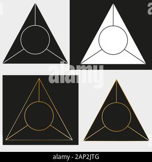 abstract logo in the form of a black cut triangle with a circle in the center and gold Stock Vector