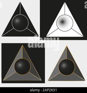 abstract logo in the form of a black cut triangle with a ball in the center and gold Stock Vector