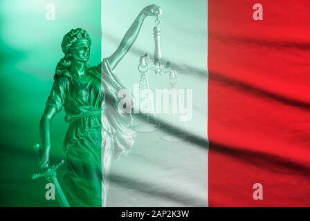 National flag of Italy with statue of Justice Stock Photo