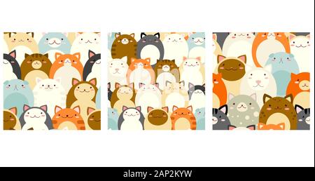 Set of seamless patterns with cute cats. Endless texture can be used for pattern fills, web page background, surface textures. EPS8 Stock Vector