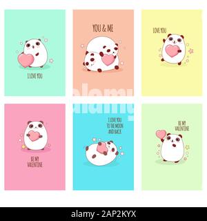 Valentine's day vector stickers collection. Set of cards with cute pandas with pink hearts in kawaii style. Inscription - be my Valentine, I love you, Stock Vector