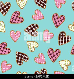 Seamless pattern with heart shaped cookies with sugar icing on a blue background. Cute vector illustration Stock Vector